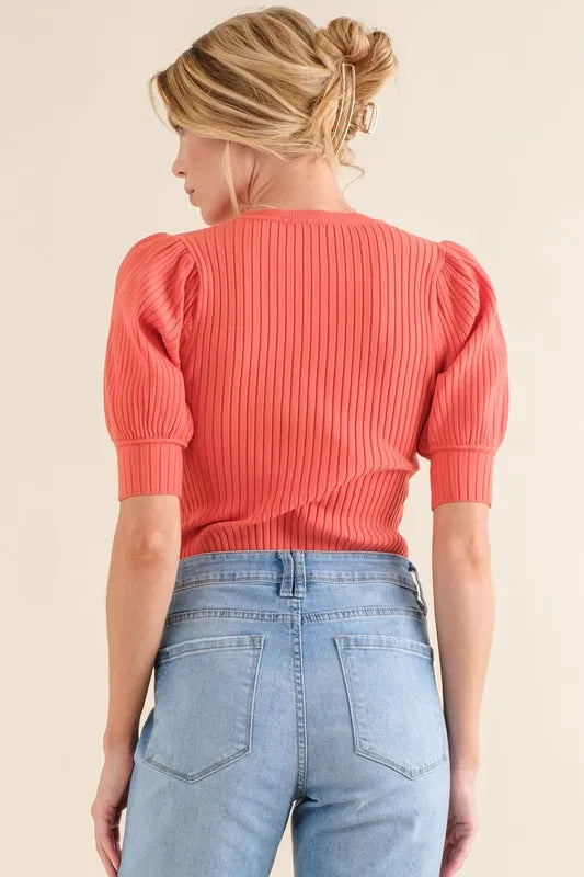 And The Why Puffed Half Sleeve Rib Basic Bodysuit