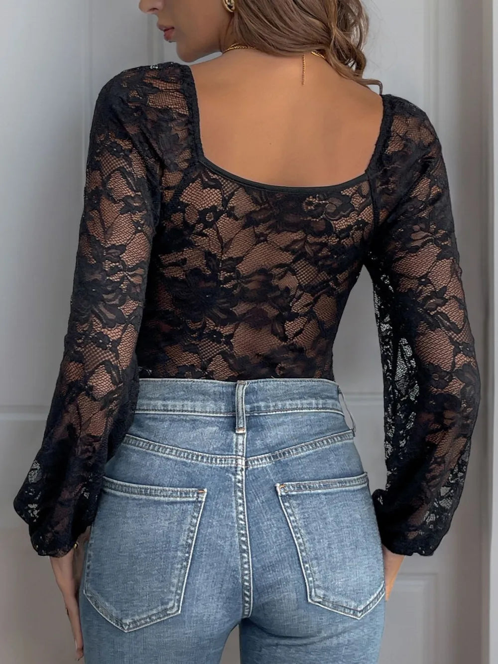 Women’s Lace V-Neck Bodysuit | Long Sleeve Sheer Stretch One-Piece