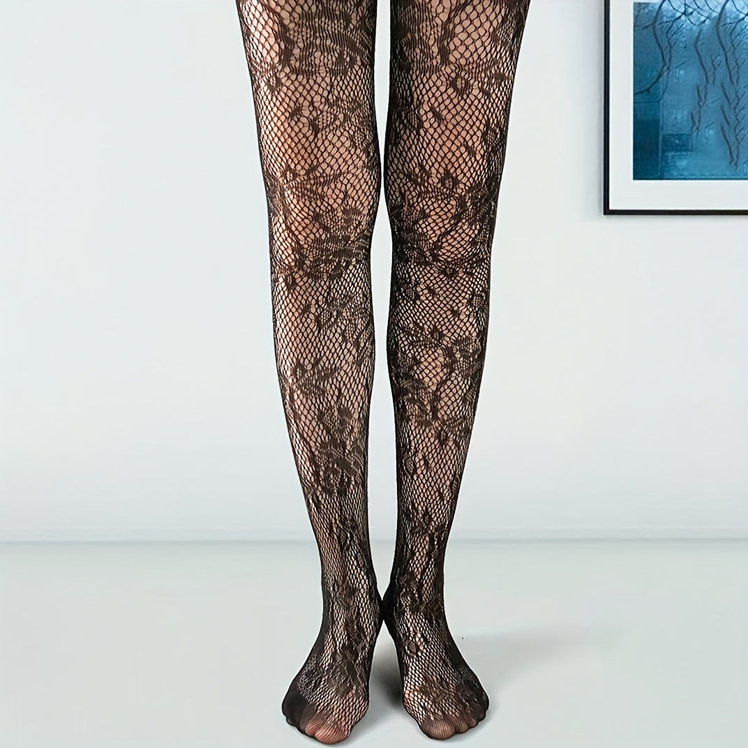 Elegant fishnet tights with floral lace