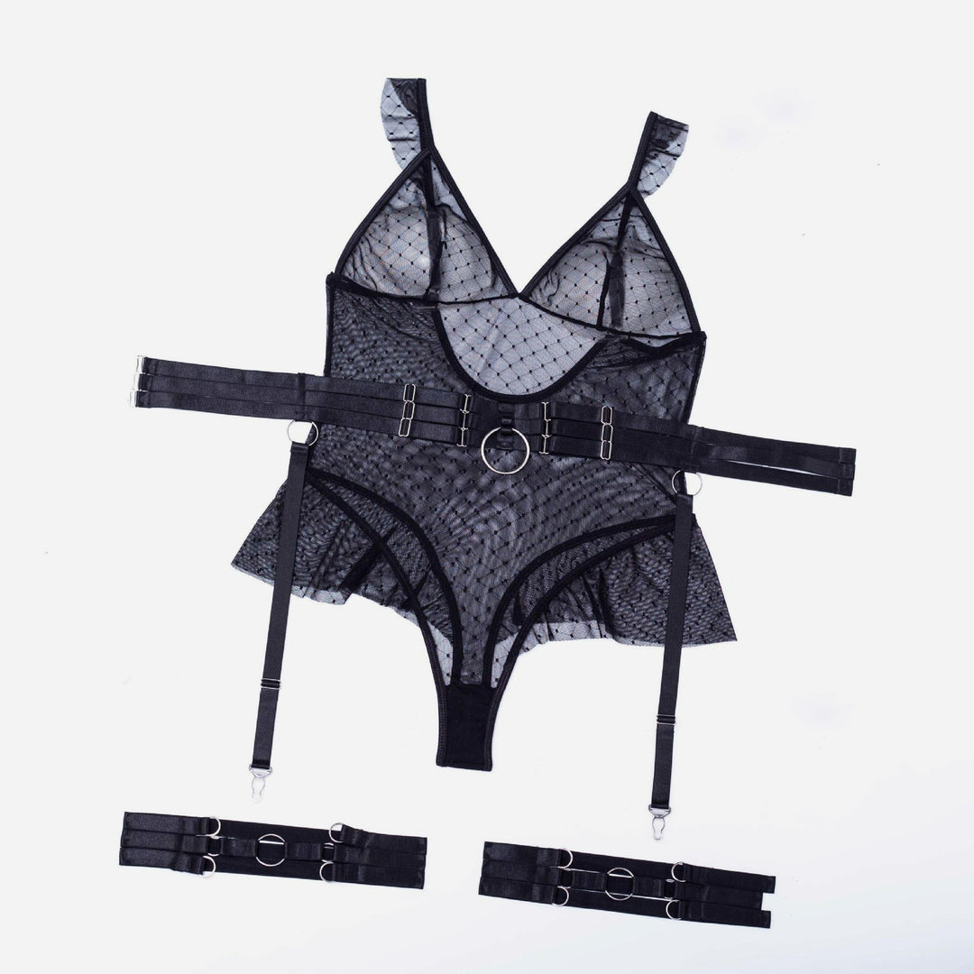 JIMENA POLKA MESH 3 PIECE LINDERIE BODYSUIT