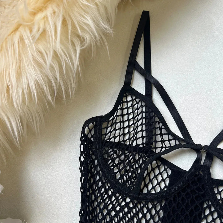 BLACK MESH LINGERIE SET