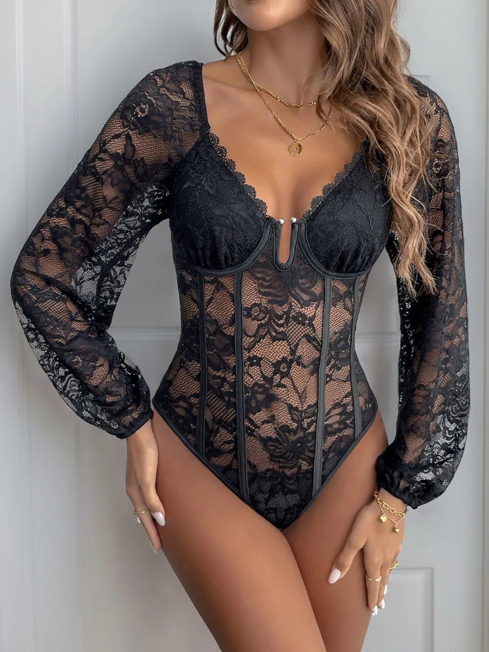 Women’s Lace V-Neck Bodysuit | Long Sleeve Sheer Stretch One-Piece