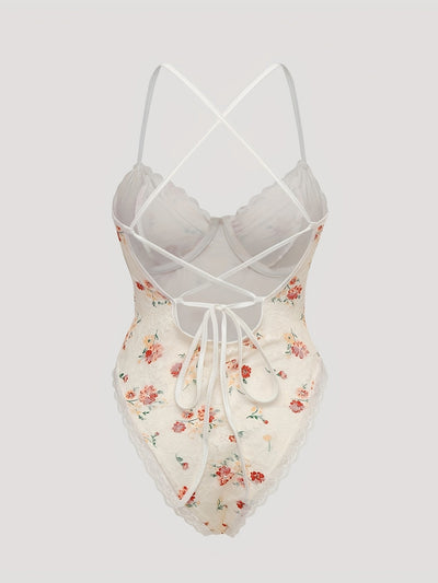 Women’s Floral Backless Bodysuit | Deep V-Neck Lace | One-Piece for Spring & Summer